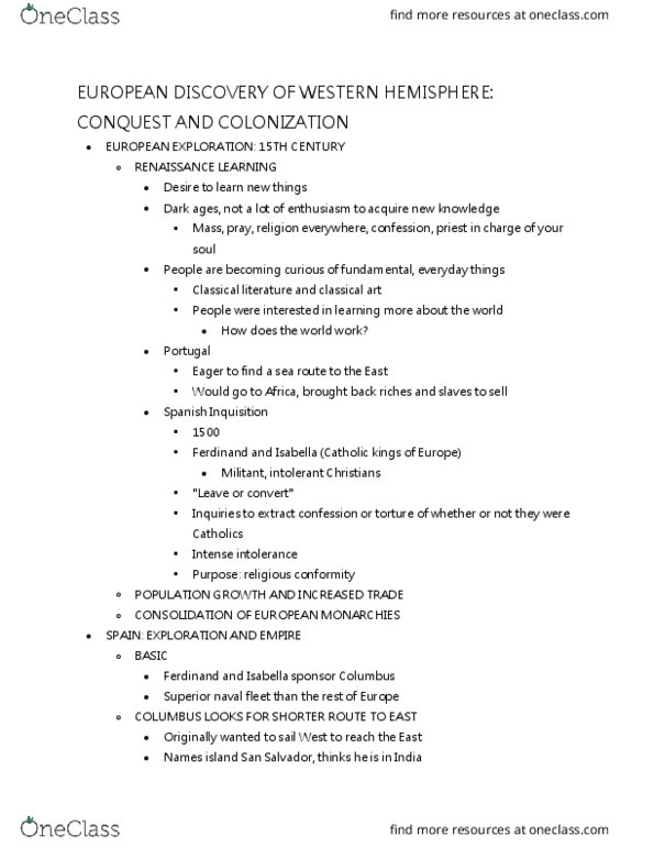 HIS 315K Lecture Notes - Lecture 2: Renaissance Learning, Catholic Monarchs, Samuel De Champlain thumbnail