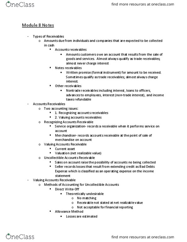 ACG-2021 Lecture Notes - Lecture 8: Accounts Receivable, Income Statement, Current Asset thumbnail