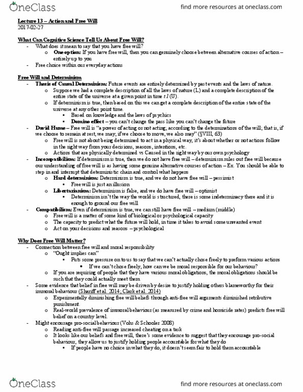 CGSC 1001 Lecture Notes - Lecture 13: Retributive Justice, Incompatibilism, Compatibilism thumbnail