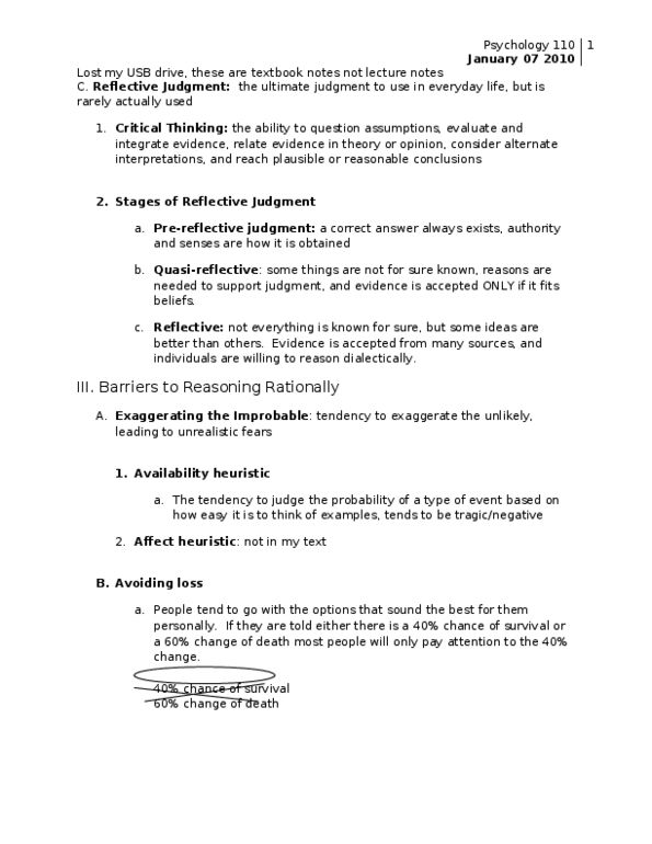 PSY 120 Lecture Notes - Affect Heuristic, Availability Heuristic, Confirmation Bias thumbnail