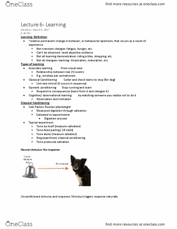 PSYC 1000U Lecture Notes - Lecture 6: Classical Conditioning, Shampoo, Drug Tolerance thumbnail