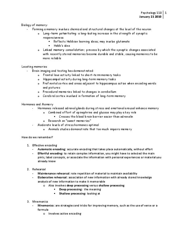 PSY 120 Lecture Notes - Hebbian Theory, Prefrontal Cortex, Cerebral Cortex thumbnail