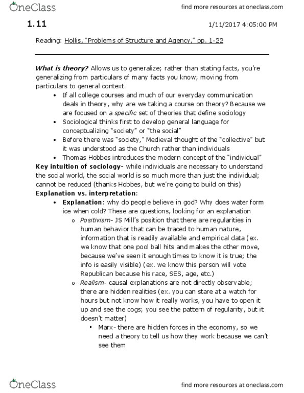 SOC 305 Lecture Notes - Lecture 1: Social Fact, Social Theory, Human Nature thumbnail