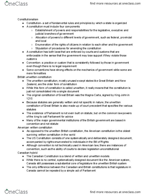 POLI 201 Chapter Notes - Chapter 7: Constitution Of The United Kingdom, Constitutionalism thumbnail