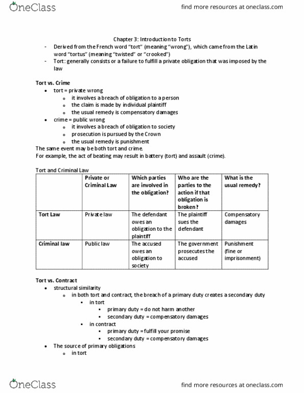 LAW 122 Lecture Notes - Lecture 3: Battery (Tort), Private Law, Public Law thumbnail