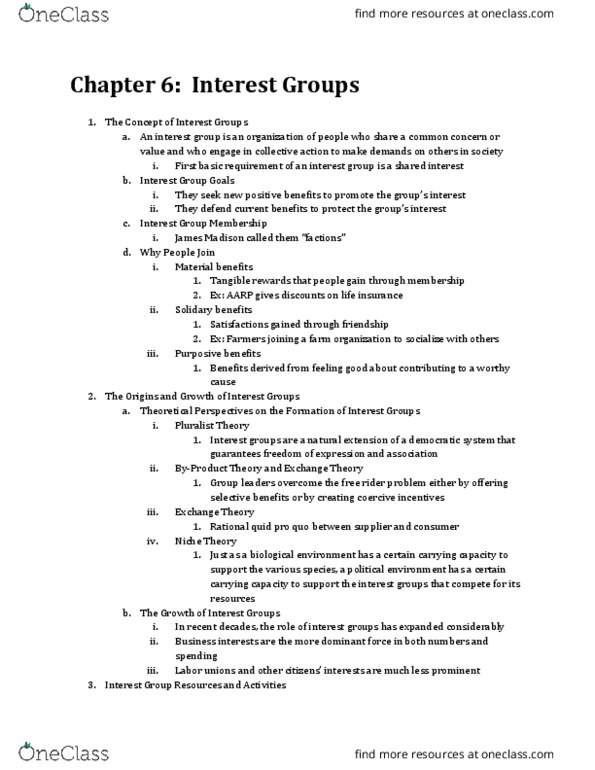 POLS 100 Chapter Notes - Chapter 6: Quid Pro Quo, Free Rider Problem, Aarp thumbnail