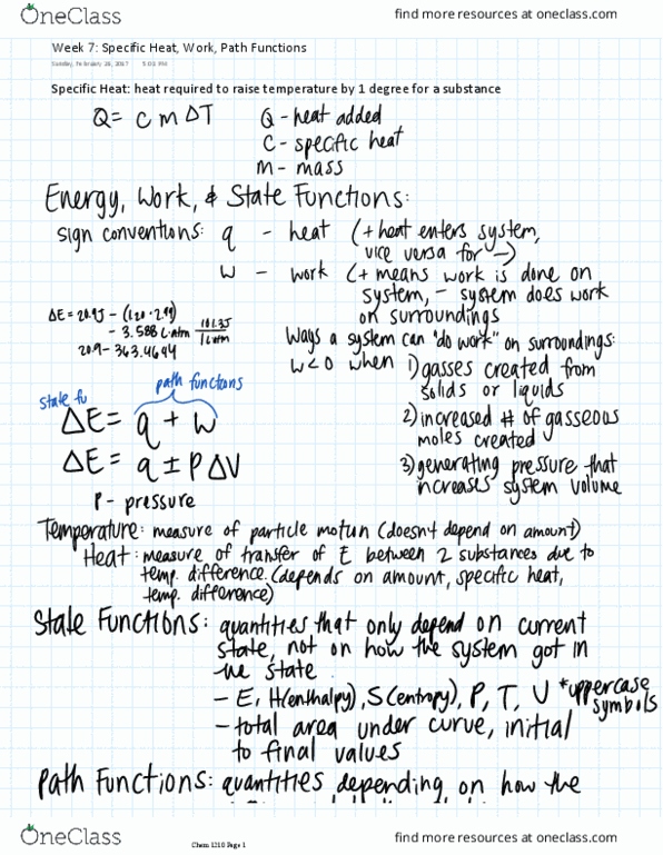 CHEM 1210 Lecture 7: Week 7 Specific Heat, Work, Path Functions thumbnail