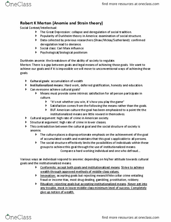 CRM 2301 Lecture Notes - Lecture 9: Delayed Gratification, Anomie, Social Class thumbnail