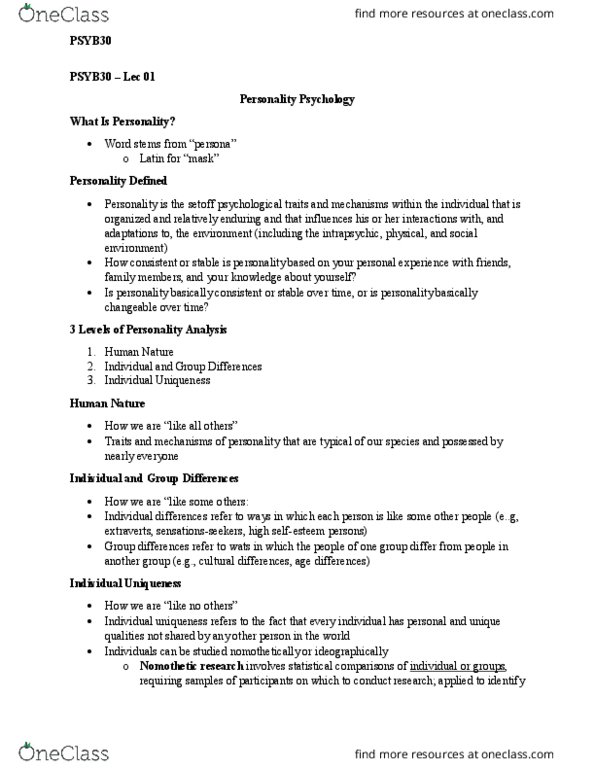 PSYB30H3 Lecture Notes - Lecture 1: Personality Psychology, Nomothetic, Behavioural Genetics thumbnail