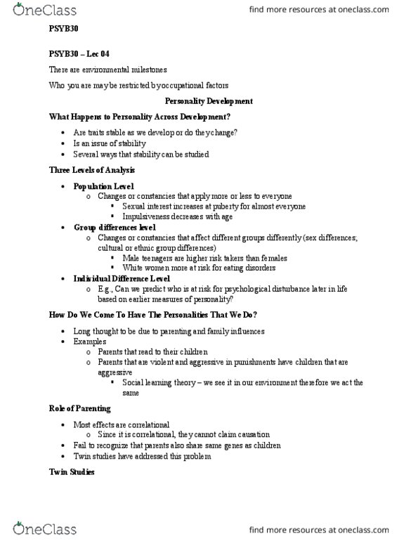 PSYB30H3 Lecture Notes - Lecture 4: Twin Study, Longitudinal Study, Trait Theory thumbnail