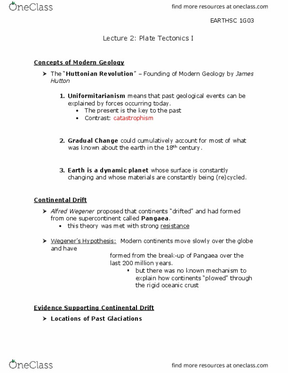 EARTHSC 1G03 Lecture Notes - Lecture 2: Plate Tectonics, James Hutton, Oceanic Crust thumbnail