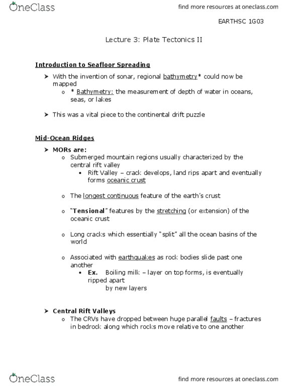EARTHSC 1G03 Lecture Notes - Lecture 3: Seafloor Spreading, Oceanic Crust, Bathymetry thumbnail