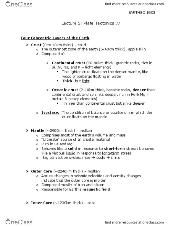 EARTHSC 1G03 Lecture Notes - Lecture 5: Continental Crust, Oceanic Crust, Plate Tectonics thumbnail