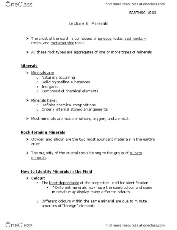 EARTHSC 1G03 Lecture Notes - Lecture 6: Silicate Minerals, Euhedral And Anhedral, Calcite thumbnail