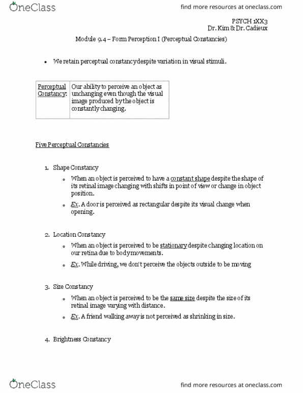 PSYCH 1XX3 Chapter Notes - Chapter 9.4: Subjective Constancy, Retina thumbnail