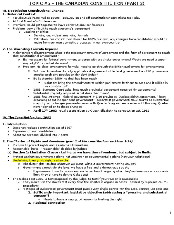 CRIM 135 Lecture Notes - Constitution Act, 1982, Royal Assent, Patriation thumbnail