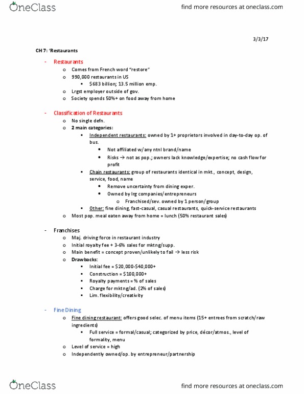 RECR 250 Chapter Notes - Chapter 7: Types Of Restaurant, Cash Flow, Wpts-Fm thumbnail