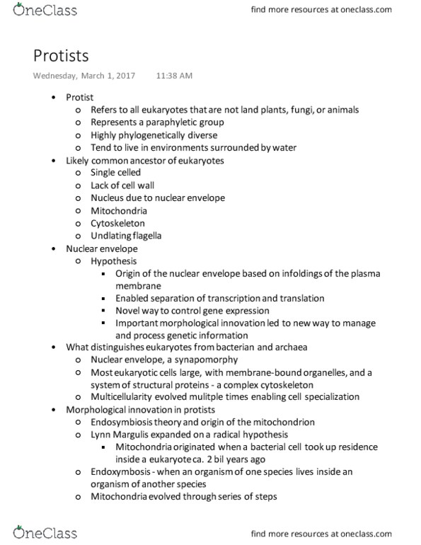 BIOL 150 Lecture Notes - Lecture 9: Lynn Margulis, Nuclear Membrane, Oomycete thumbnail