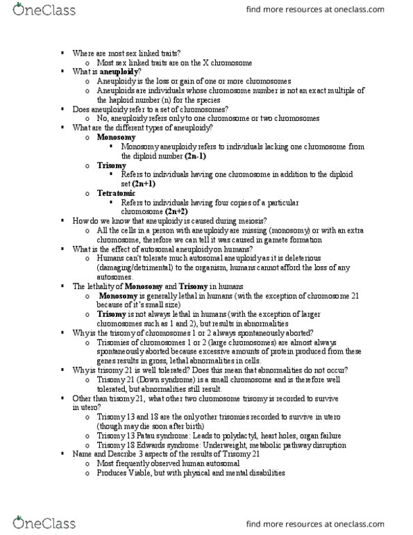 BIOL239 Chapter Notes - Chapter 13: Nondisjunction, Down Syndrome, Edwards Syndrome thumbnail