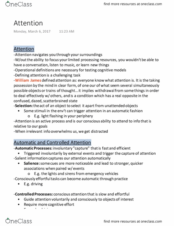 PSYCH 1F03 Lecture Notes - Lecture 8: Stroop Effect, Visual Search, Speech Shadowing thumbnail