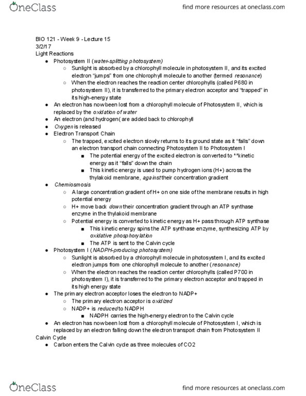 BIO 121 Lecture Notes - Lecture 15: Photosystem Ii, Atp Synthase, Photosystem I thumbnail