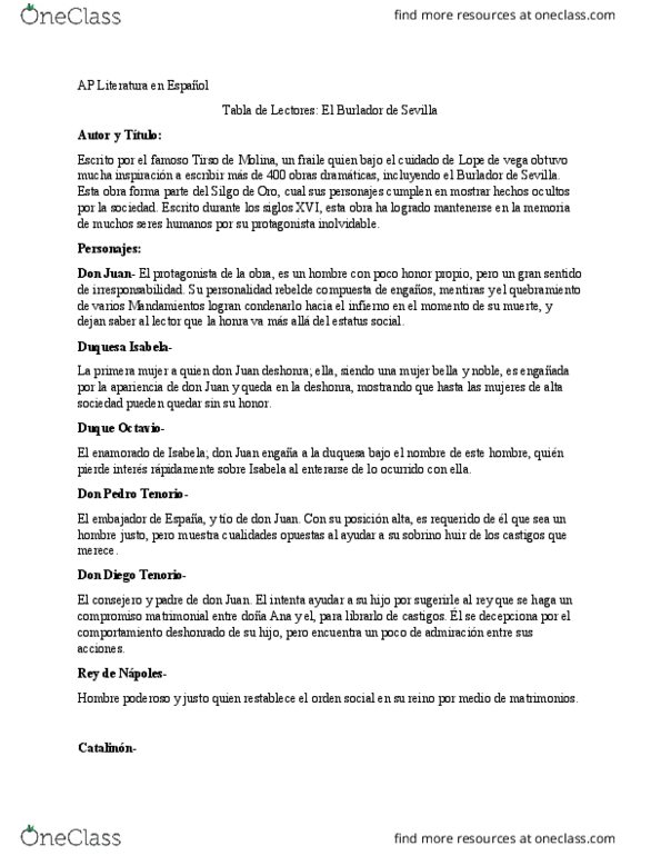 SPAN 301 Lecture Notes - Lecture 5: Tirso De Molina, Spanish Golden Age, Pedro Tenorio thumbnail