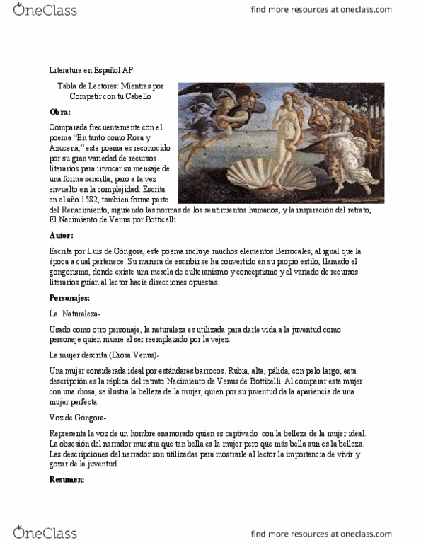 SPAN 301 Lecture Notes - Lecture 6: Sandro Botticelli, Culteranismo, Conceptismo thumbnail