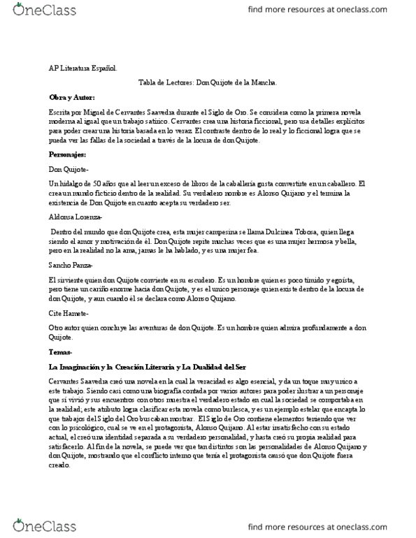 SPAN 301 Lecture Notes - Lecture 8: Miguel De Cervantes, Spanish Golden Age, El Otro thumbnail