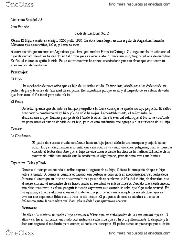 SPAN 301 Lecture Notes - Lecture 9: Horacio Quiroga, Debe, Tabla thumbnail