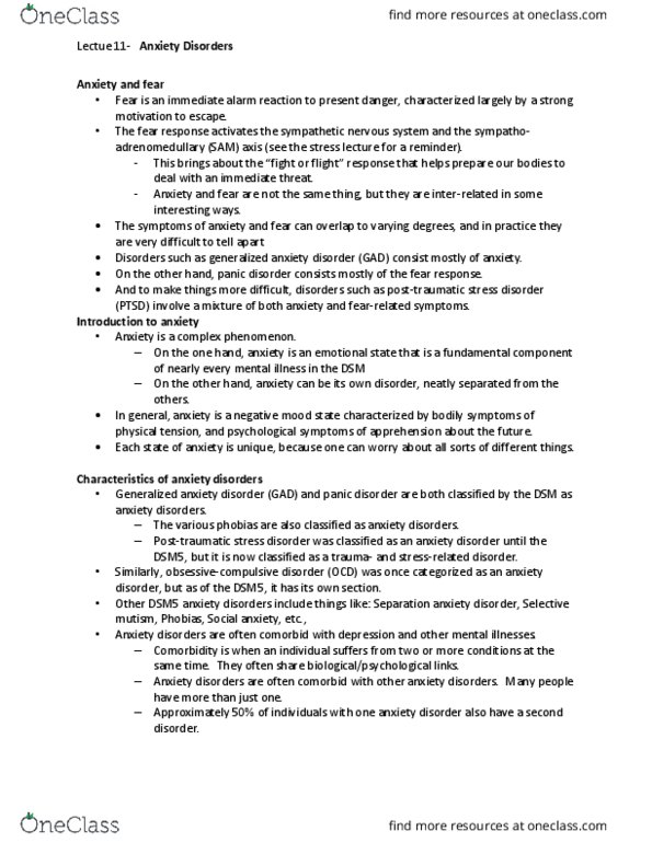 NEUR 1201 Lecture Notes - Lecture 11: Posttraumatic Stress Disorder, Generalized Anxiety Disorder, Separation Anxiety Disorder thumbnail