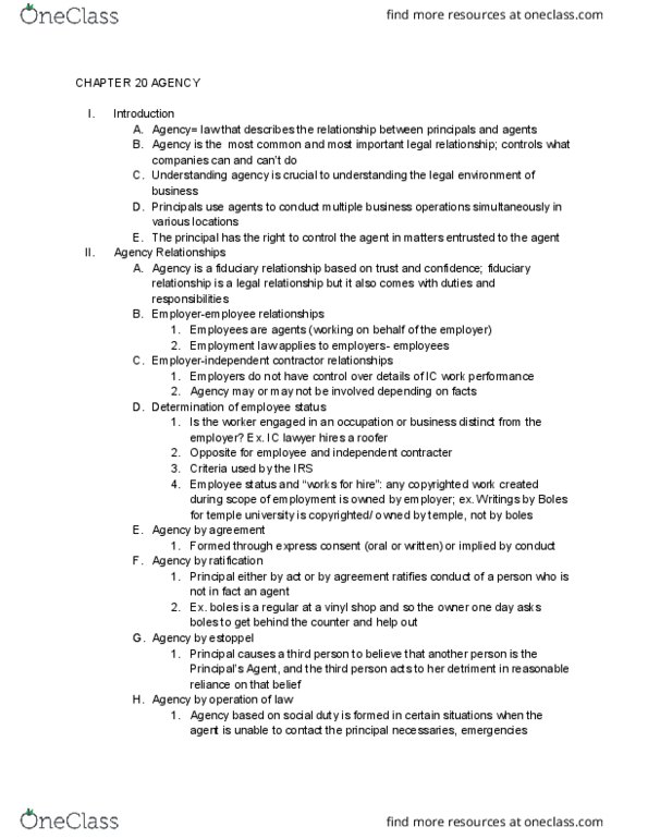 LGLS 1901 Lecture Notes - Lecture 18: Roofer, Law Of Agency, Fiduciary thumbnail