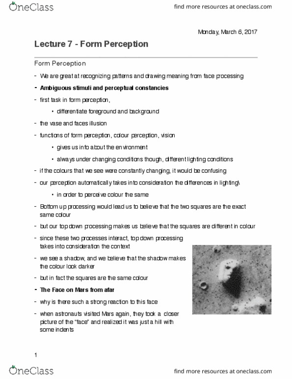 PSYCH 1XX3 Lecture Notes - Lecture 7: Face Perception, Pareidolia thumbnail