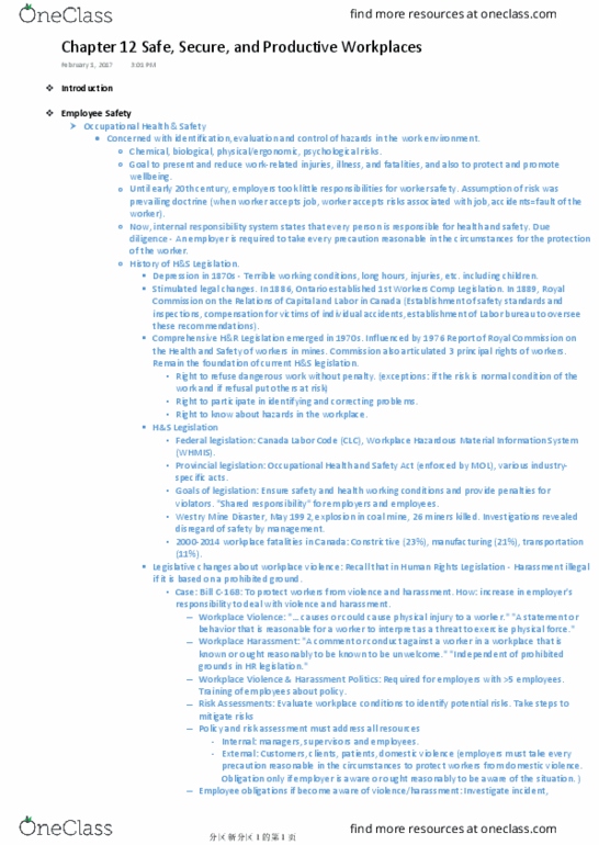 COMMERCE 2BC3 Chapter Notes - Chapter 12: Workplace Hazardous Materials Information System, Workplace Violence, Household-Responsibility System thumbnail