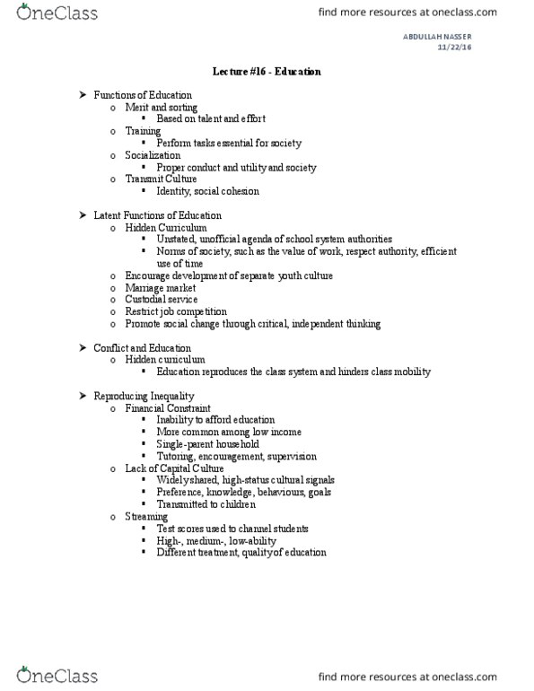 SOC100H5 Lecture Notes - Lecture 16: Hidden Curriculum thumbnail