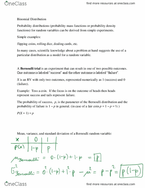 STAT 3450 Lecture Notes - Lecture 9: Bernoulli Distribution, Bernoulli Trial, Binomial Distribution thumbnail