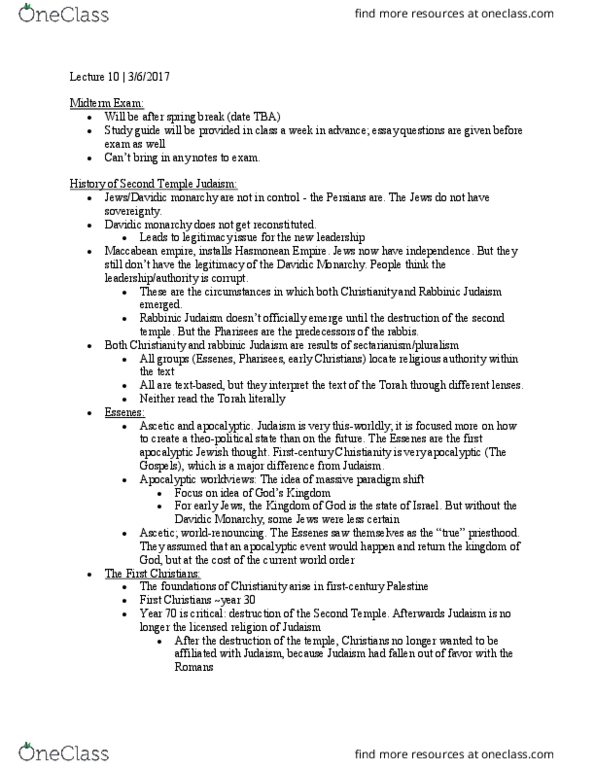 RELI 211 Lecture Notes - Lecture 10: Rabbinic Judaism, Essenes, Second Temple thumbnail