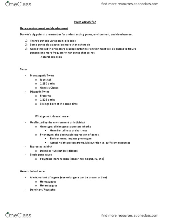 PSY 220 Lecture Notes - Lecture 3: Twin, Malnutrition, Zygosity thumbnail