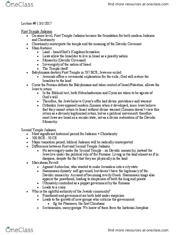 RELI 211 Lecture Notes - Lecture 9: Second Temple Judaism, Orthodox Judaism, Israelites thumbnail