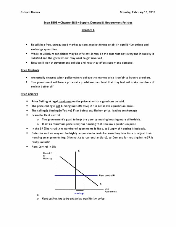 ECON 1B03 Lecture Notes - Price Ceiling, Rent Regulation, Economic Equilibrium thumbnail