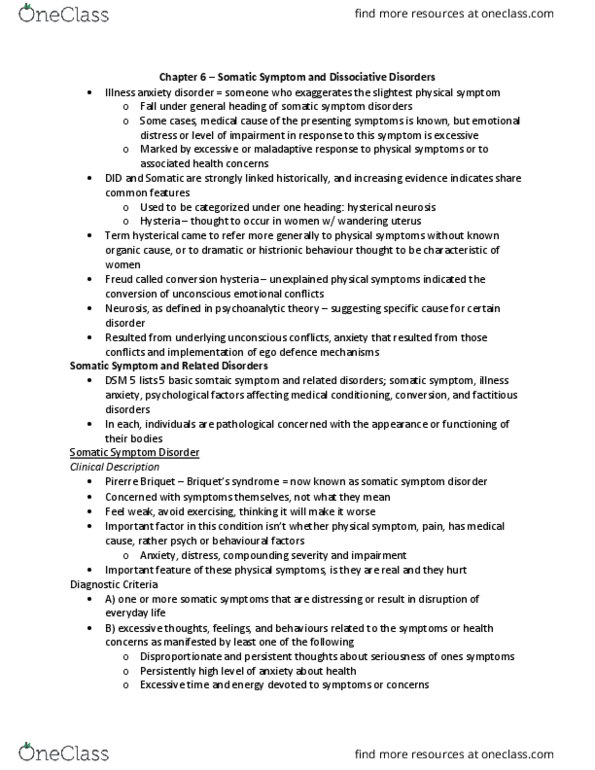 Psychology 2030A/B Chapter Notes - Chapter 6: Somatic Symptom Disorder, Panic Disorder, Factitious Disorder thumbnail