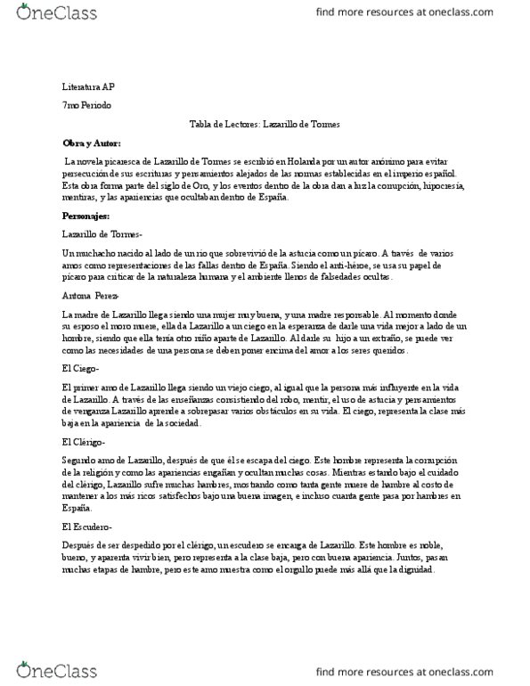 SPAN 301 Lecture Notes - Lecture 14: Lazarillo De Tormes, Spanish Golden Age, Falles thumbnail