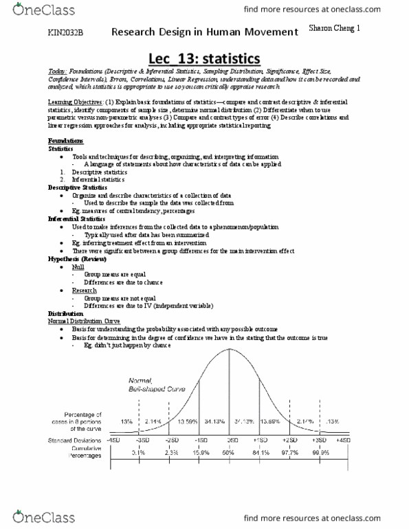 Kinesiology 2032A/B Lecture Notes - Lecture 13: Statistical Inference, Parametric Statistics, Null Hypothesis thumbnail