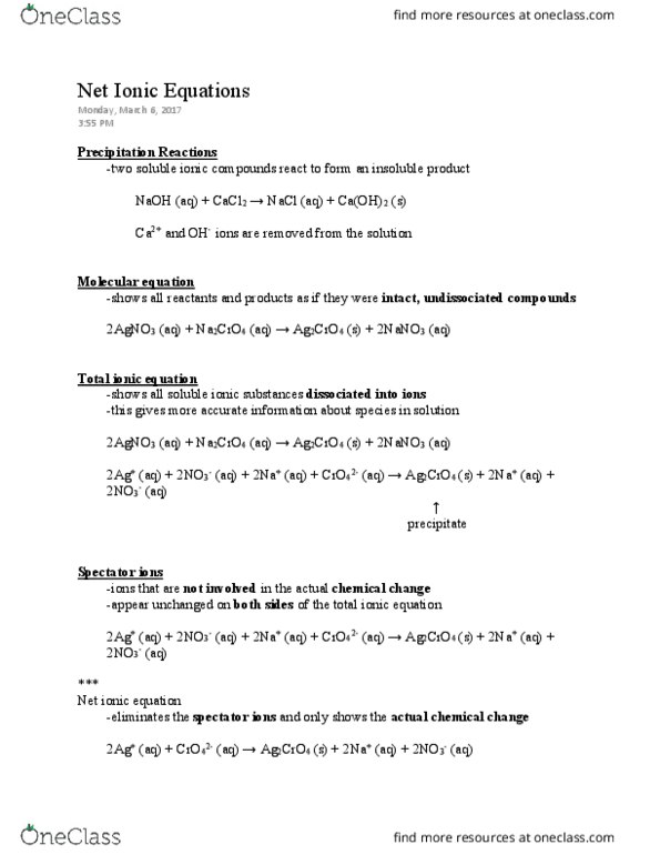 CHEM 107 Lecture Notes - Lecture 29: Chemical Equation, Spectator Ion, Sodium Hydroxide thumbnail