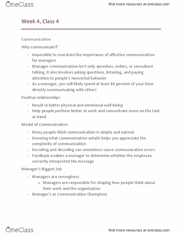 ADMN 2010H Lecture Notes - Lecture 4: Nonverbal Communication, Channel (Communications), Active Listening thumbnail