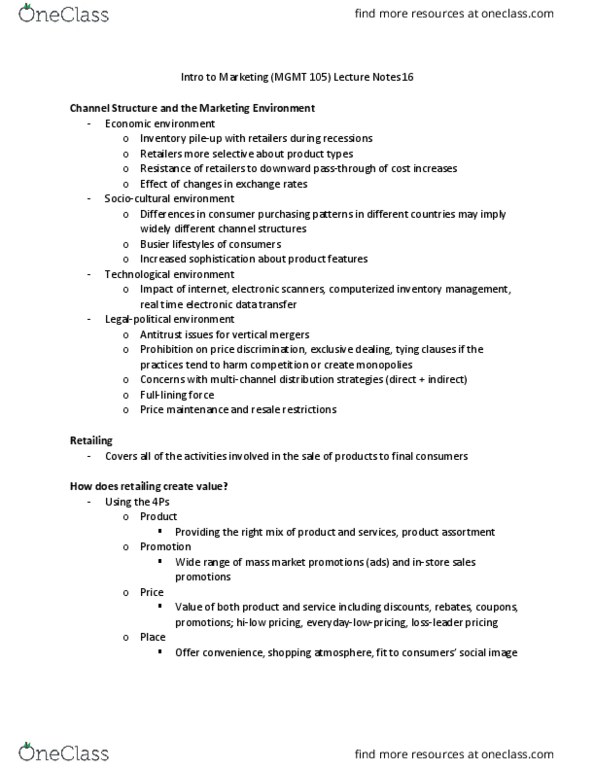 MGMT 105 Lecture Notes - Lecture 16: Exclusive Dealing, Sales Promotion, Price Discrimination thumbnail