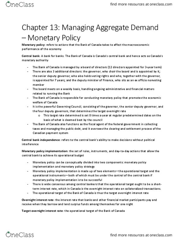 ECO 1302 Chapter Notes - Chapter 13: Overnight Rate, Canada Act 1982, Inflation Targeting thumbnail