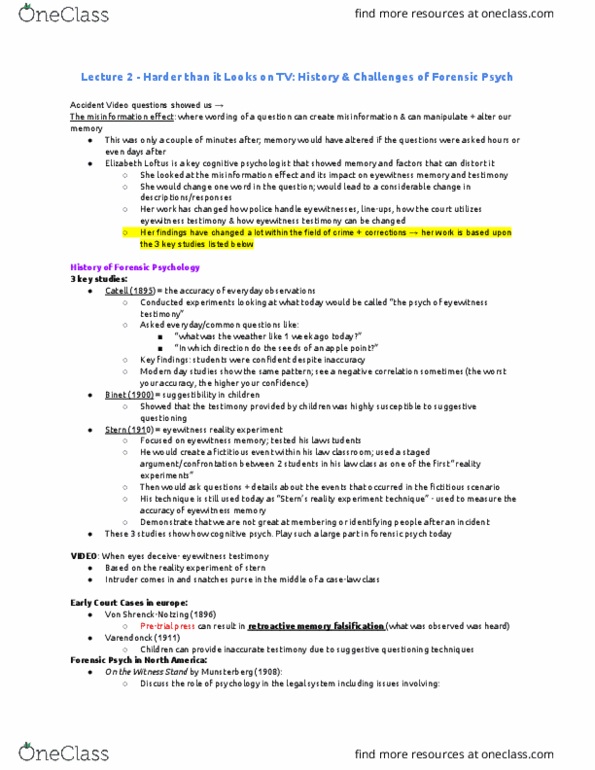 Psychology 2032A/B Lecture Notes - Lecture 2: Eyewitness Testimony, Eyewitness Memory, Elizabeth Loftus thumbnail