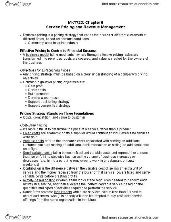 MKT 723 Chapter Notes - Chapter 6: Dynamic Pricing, Variable Cost, Fixed Cost thumbnail