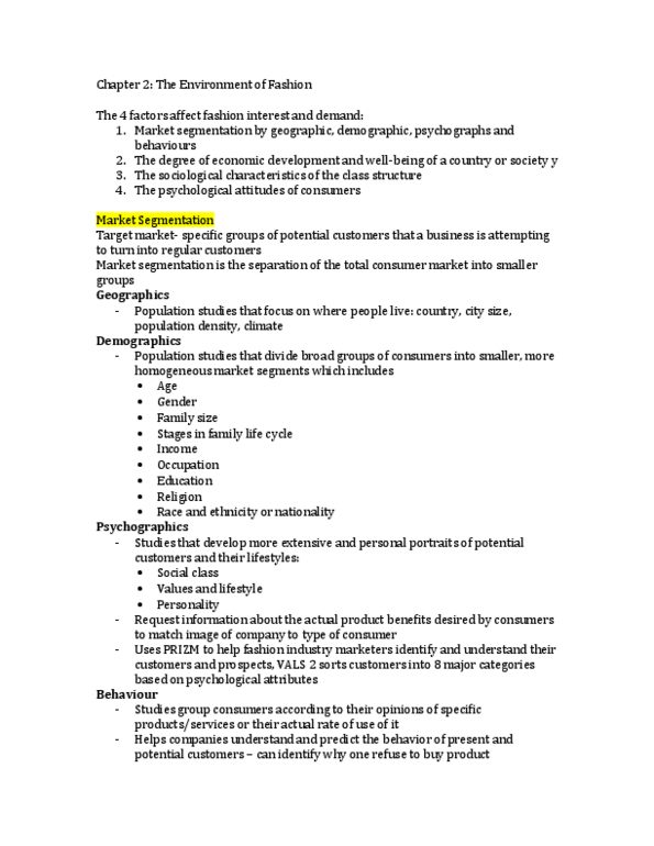 FSN 123 Chapter Notes -Psychographic, Target Market, Social Class thumbnail