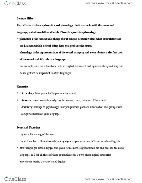 PSY 3136 Lecture Notes - Lecture 8: Phonetics, Fricative Consonant, Stop Consonant thumbnail